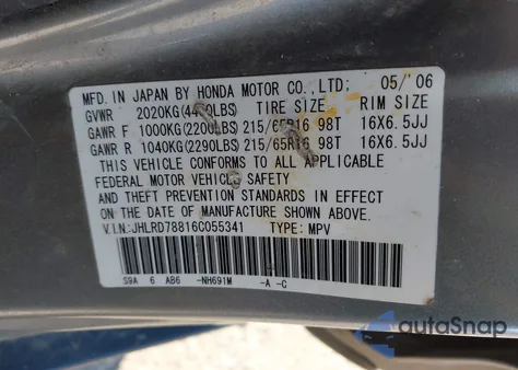 2006 Honda Cr-V Ex z USA, uszkodzony, nr VIN JHLRD78816C055341